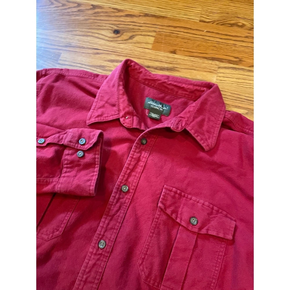 Eddie Bauer Mens Button Down Shirt XL Red Chamois Cloth Classic Fit Long Sleeve